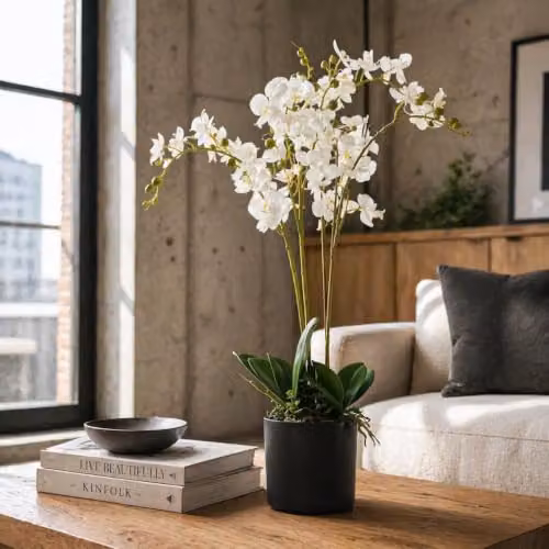 Leaf Design UK Realistic Artificial Orchid Flower Display in Pot, White, Height: 60 cm – 2