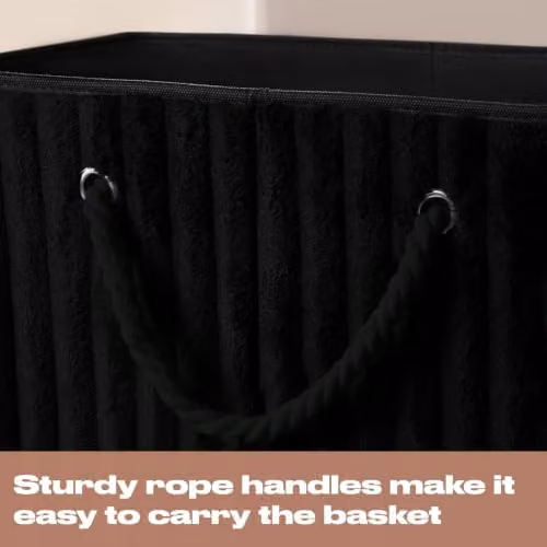 OHS Collapsible Ribbed Faux Fur Laundry Basket with Lid and Rope Handles, Black, W: 45 cm, D: 49 cm, H: 31 cm – 5
