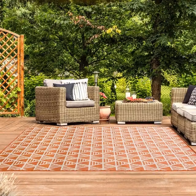 The Rug House Orange Terracotta Geometric Flatweave Indoor Outdoor Rug, W: 150 cm, D: 80 cm