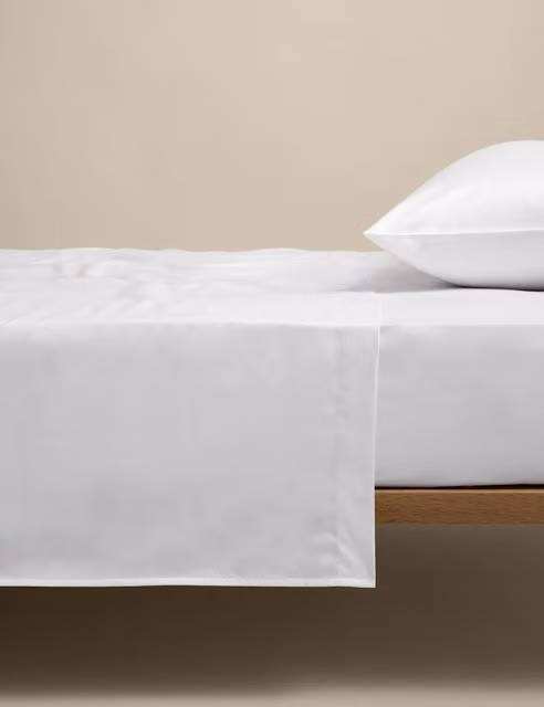M&S Egyptian Cotton 400 Thread Count Silky Mako Satin Flat Sheet, White, W: 140 cm, L: 200 cm