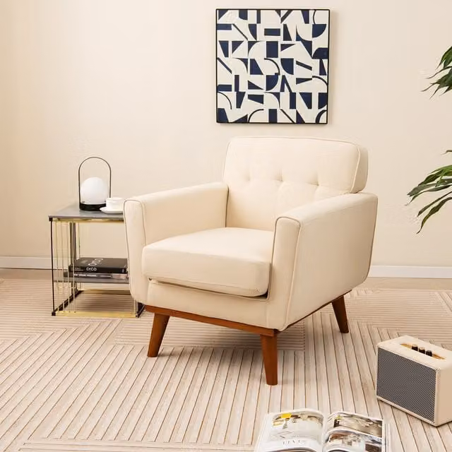 Costway Modern Upholstered Tub Armchair in Beige and White with Solid Rubberwood Frame
