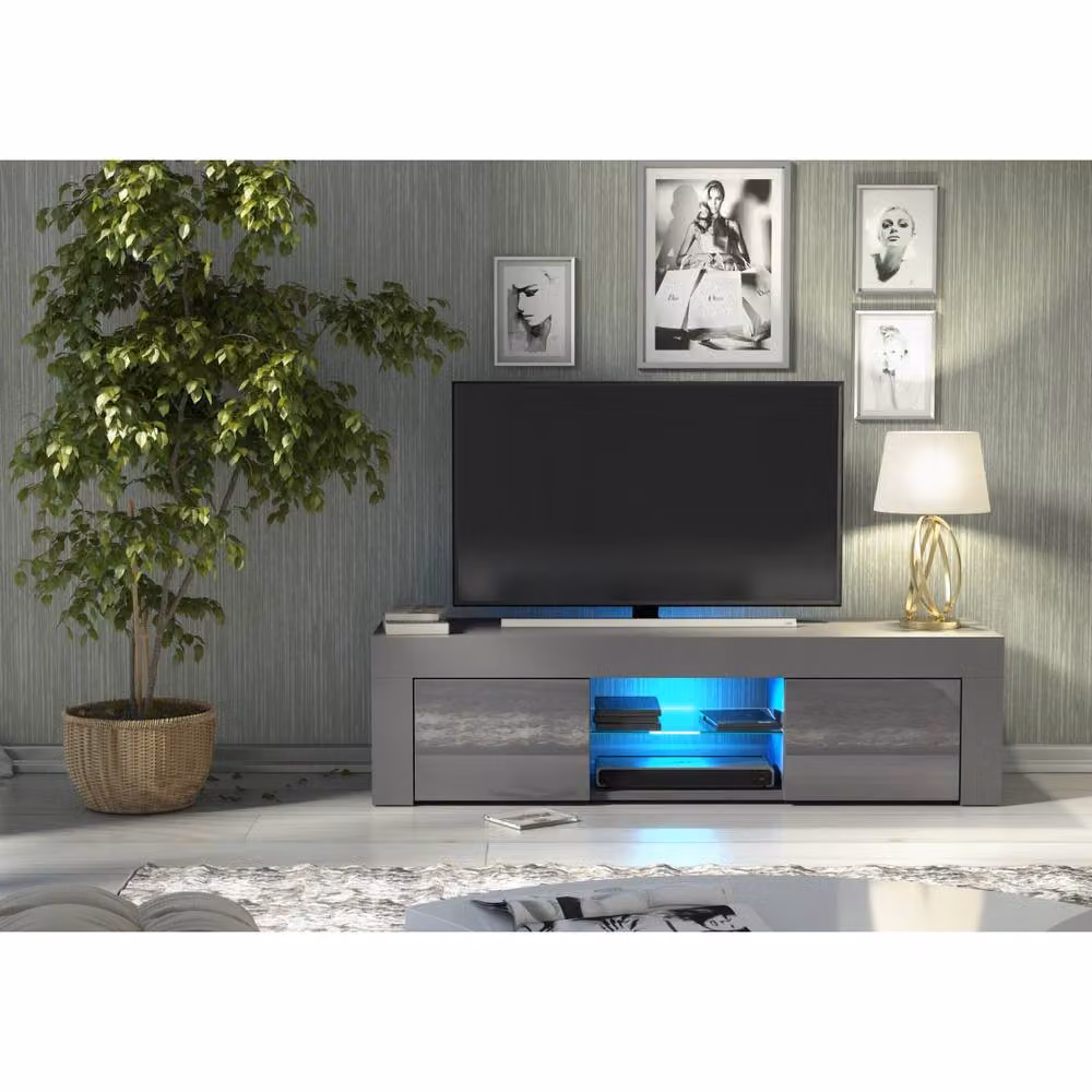 Creative Furniture Loom TV Unit in Grey with Glossy MDF and Glass Details, W: 130 cm, D: 35 cm, H: 35 cm – 2