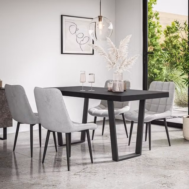 More4Homes Aria Dining Table and Set of 6 Nova Grey Velvet Dining Chairs with Black Table Top and Black Legs