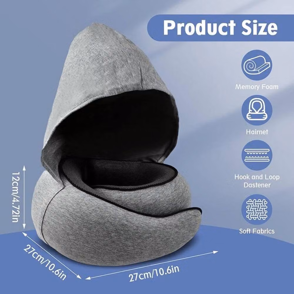 KORVIXA Grey U-Shaped Memory Foam Neck Pillow with Breathable Cotton Cover – 2