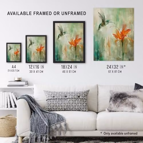Artery8 Daylily Flower and Hummingbird Wall Art Poster Print in Orange and Green, W/H: 46 x 61 cm – 3