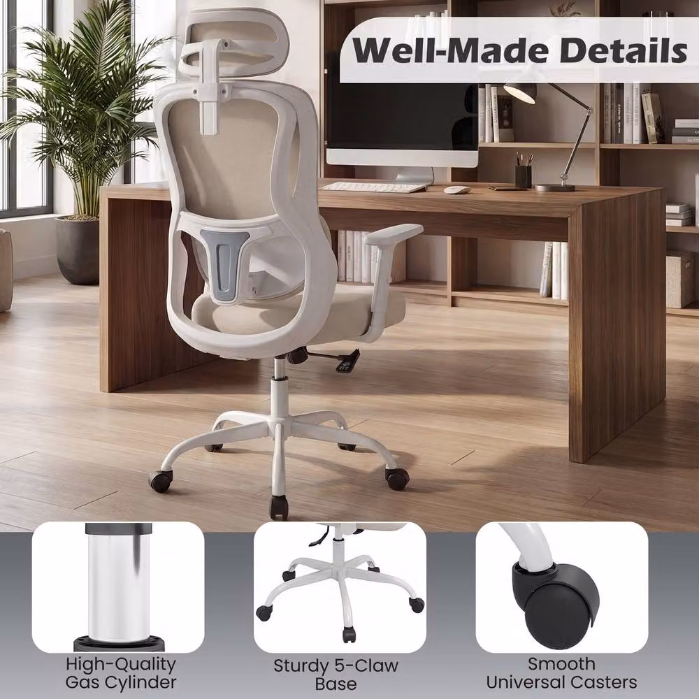 Gymax Ergonomic High Back Office Chair with Headrest, Lumbar Support and Armrests in Beige Fabric – 2