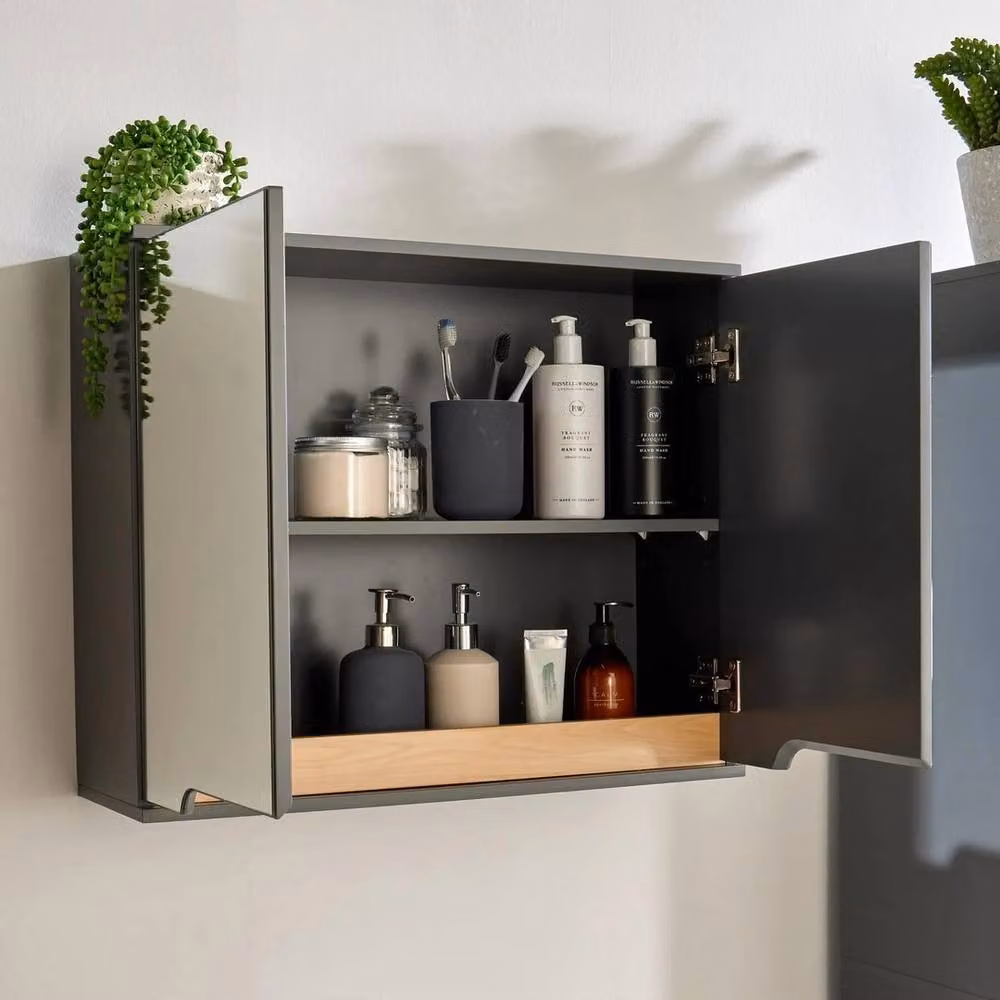 SPETLEK Modern Wall Mounted Grey Bathroom Cabinet with Mirrored Glass Doors – 2