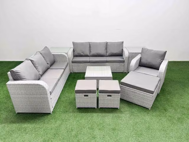 Fimous 10 Seater Poly Rattan Garden Furniture Set in Grey with 3 Seater Sofa, Reclining Chairs, Coffee Table and Ottomans