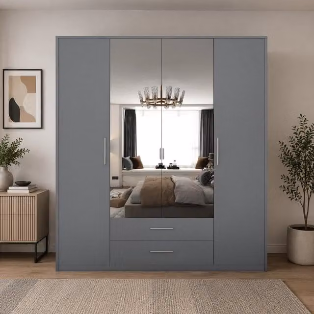 Swindon Modern Grey 4 Door Wardrobe with Mirror and Integrated Drawers, Width: 180 cm
