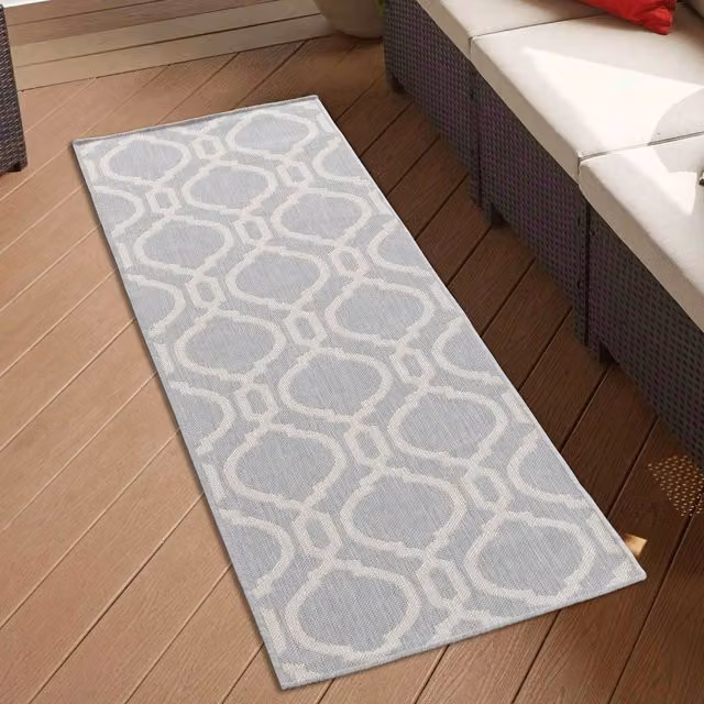 Desire Rugs Modern Geometric Quatrefoil Waterproof Indoor-Outdoor Runner, Silver, W: 60 cm, L: 220 cm