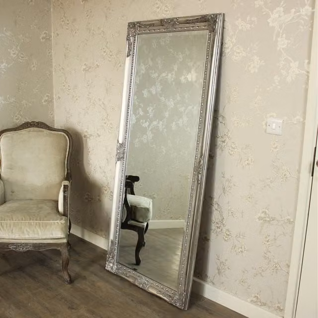 Melody Maison Large Ornate Rectangular Wall and Floor Mirror in Silver Shabby Chic Style