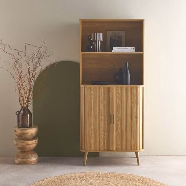 sweeek Mid-Century Wall Mounted Grooved Wood Library Shelf with 2 Sliding Doors and 4 Levels in Brown