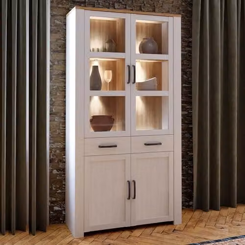 Forte Bohol Display Cabinet with 4 Glass Doors, 1 Drawer and Integrated Lighting in Oak and White – 2