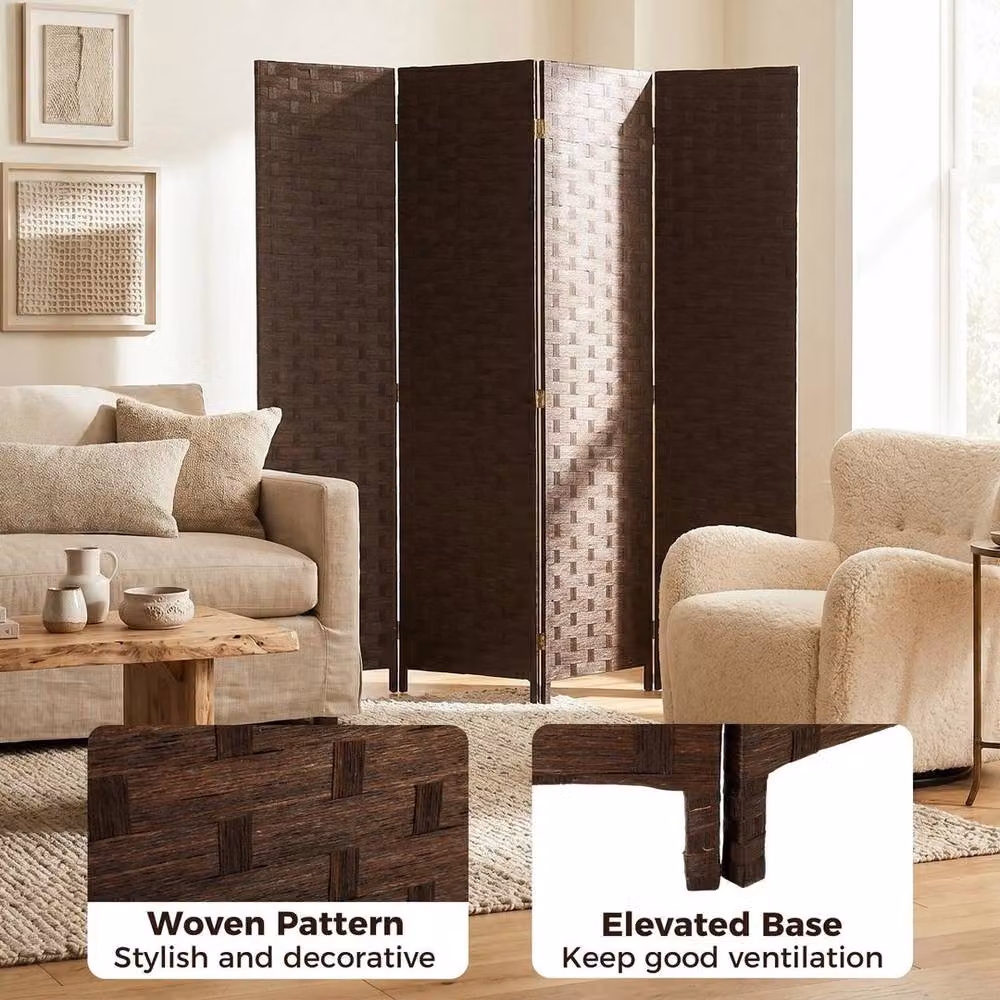 EONLION 4 Panel Folding Room Divider Privacy Screen in Dark Brown with Rattan and Wood Geometric Design, W/D/H: 200 x 50 x 50 cm – 3