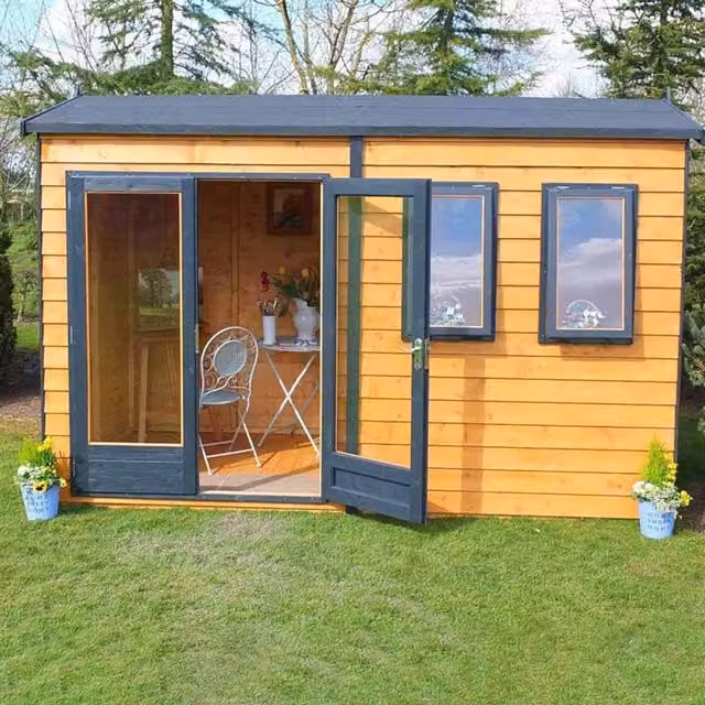 Shires Brown Wooden Garden Summerhouse with Double Doors and Two Opening Windows – 1