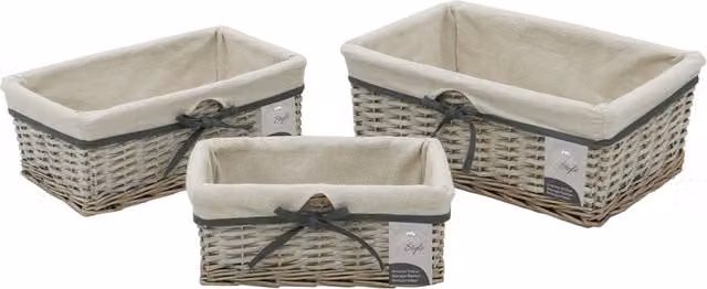 JVL Set of 3 Arianna Rectangular Willow Storage Baskets in Grey