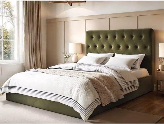 Flair Chesterfield Velvet Upholstered Ottoman Bed with Lift Up Base, Green, 140 x 200 cm