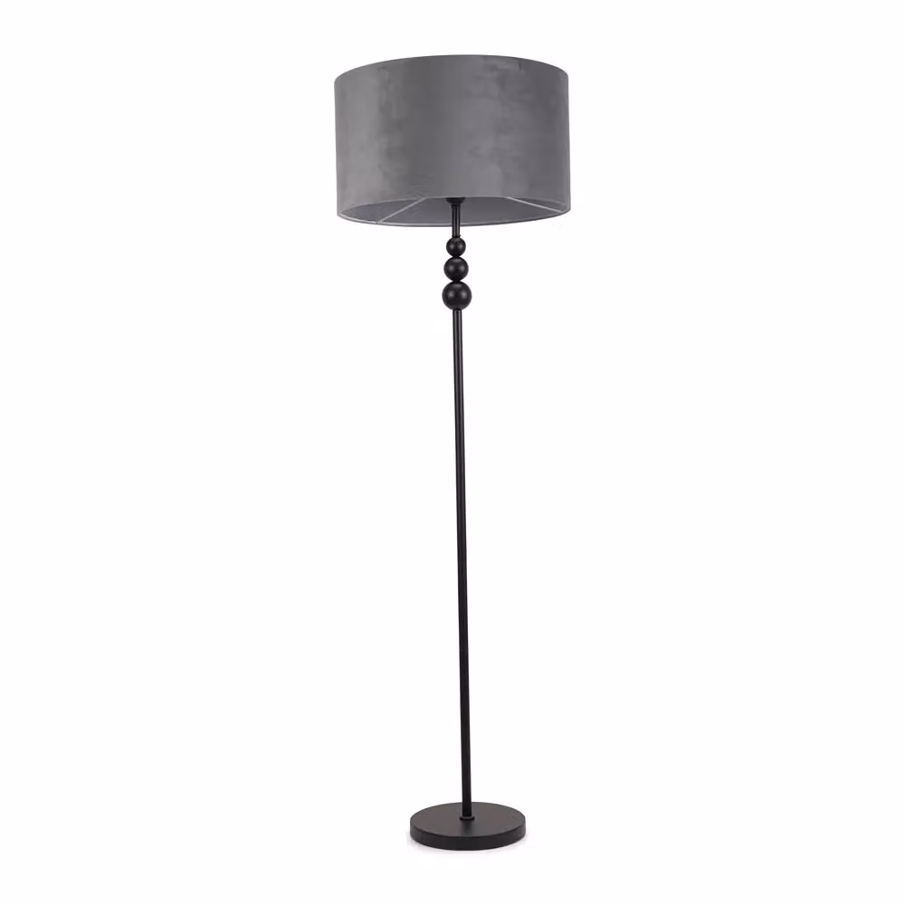 ValueLights Matt Black Stacked Ball Floor Lamp with Grey Velvet Drum Shade and LED Bulb – 2