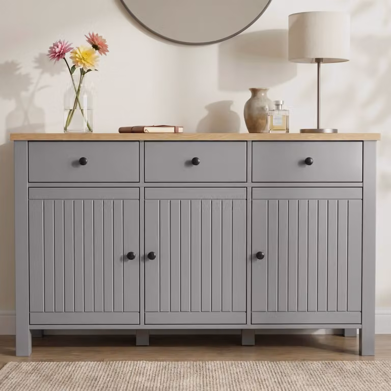 DHS Linra Grey Painted 3 Door Sideboard with Drawers and Oak Top W/D/H: 135 x 43 x 81 cm