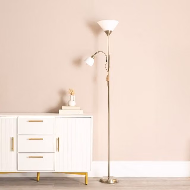 ValueLights Moz Mother and Child Uplighter Floor Lamp with Adjustable Side Lamp in Gold/Brass, H 179 cm x W 40 cm x D 24.5 cm – 1