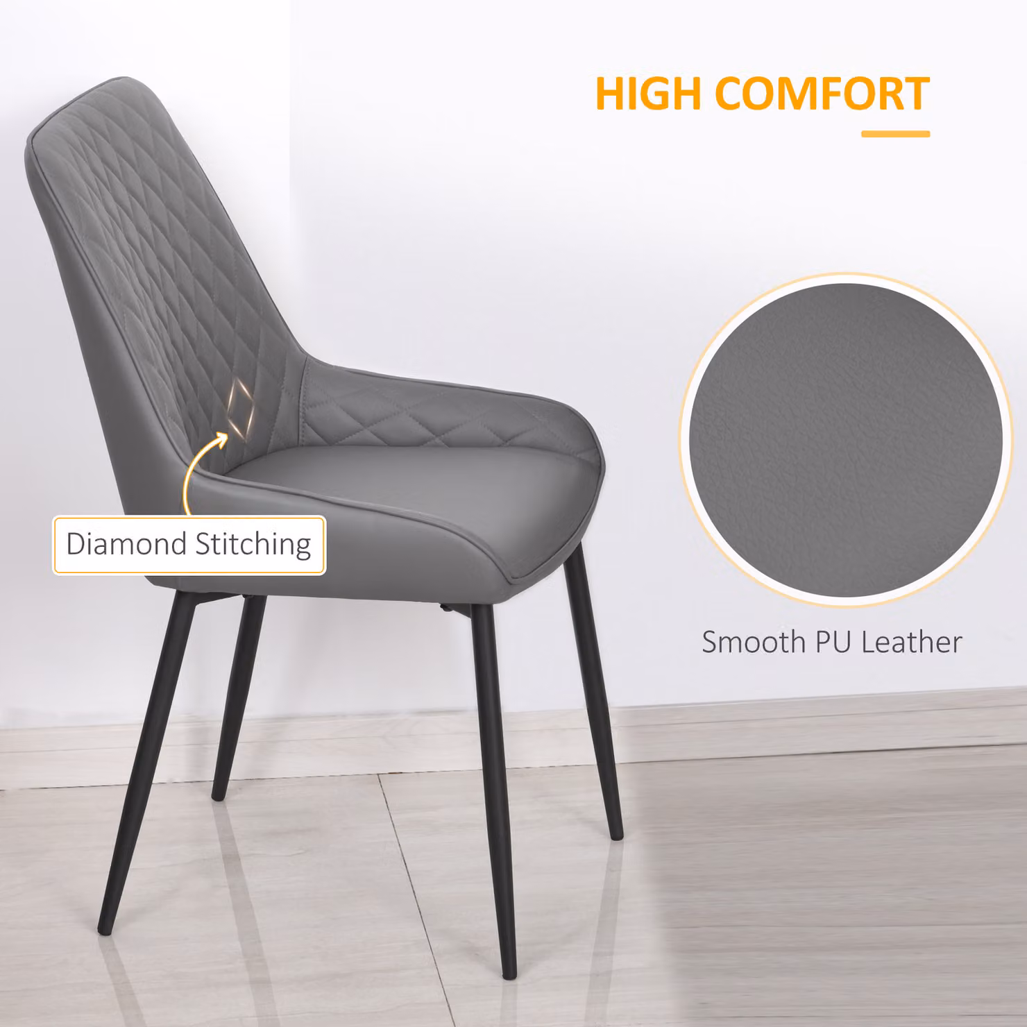 HOMCOM Set of 2 Grey Synthetic Leather Dining Chairs with Metal Frame and High Back – 4
