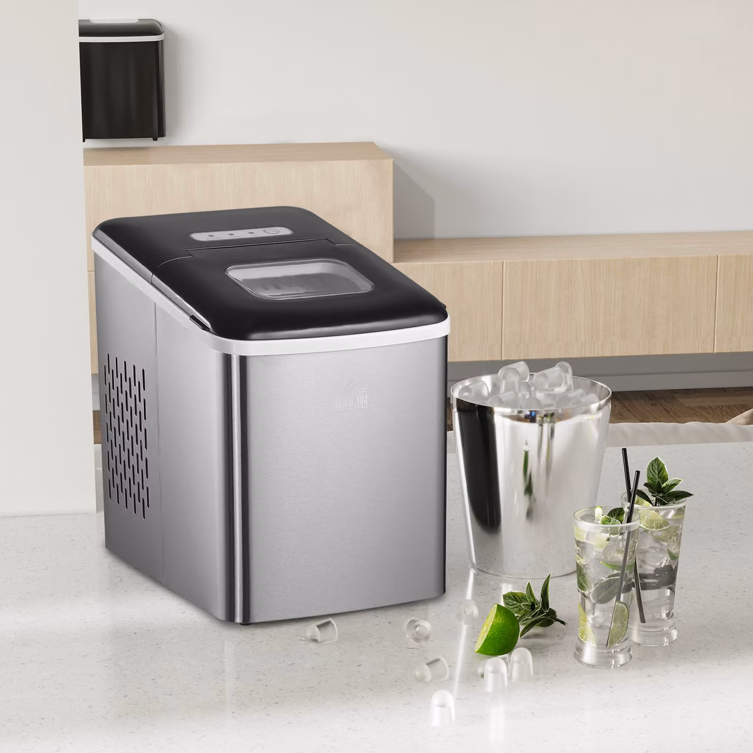 HOMCOM Countertop Ice Maker Machine in Silver Stainless Steel with 1.8L Capacity, 12kg Daily Output, Self-Cleaning Function, Scoop and Basket – 6