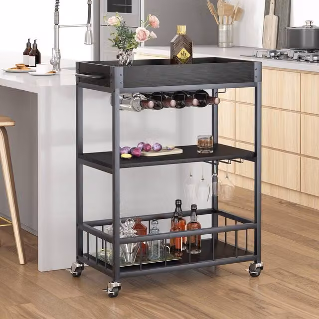 Huhote Black Metal and Glass Bar Cart with Wine Rack and Wheels for Kitchen Storage