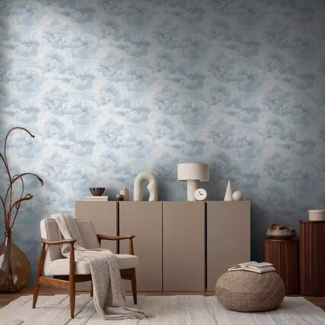 A.S. Création Metropolis Painted Cloud Textured Wallpaper in Blue and White