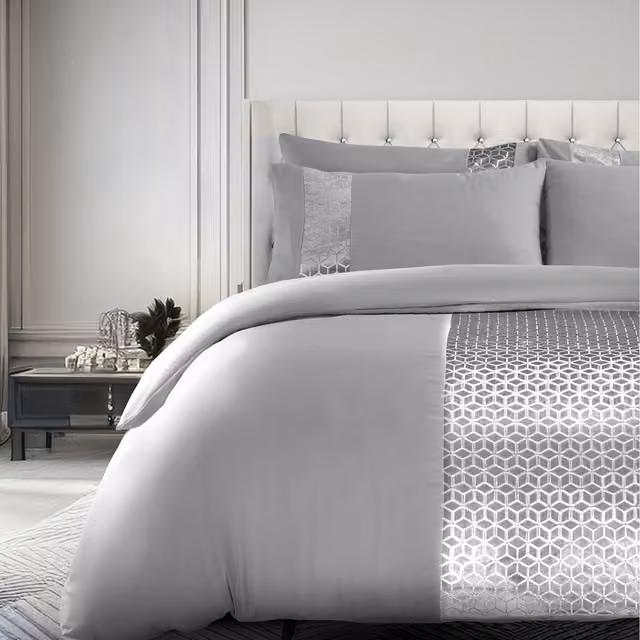 Velosso Soft Touch Geometric Duvet Set and Pillowcase in Silver and Grey, 90 x 200 cm