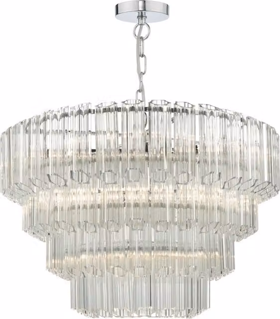 dar Lighting TUV1308 Art Deco Suspended Cylinder Pendant Light in Chrome and Transparent Glass, H 265 cm