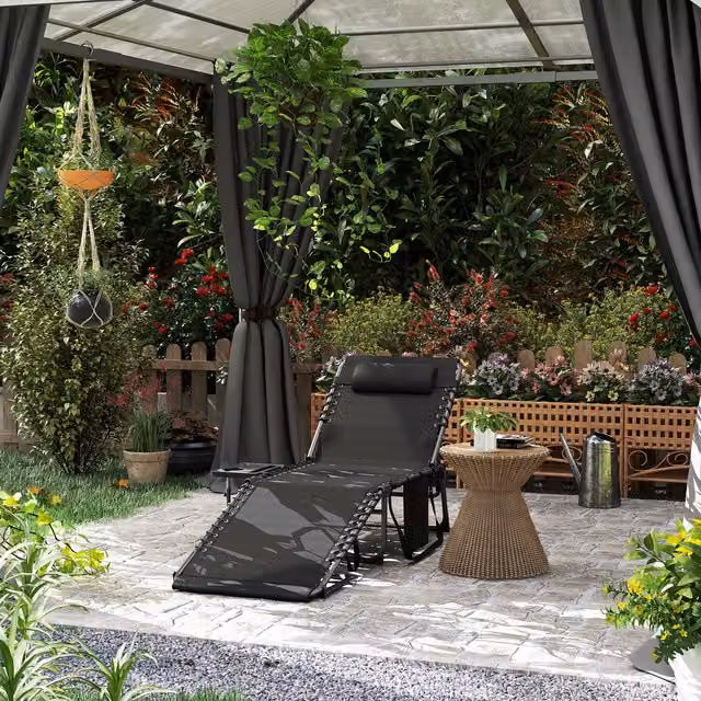 Outsunny Reclining Folding Sun Lounger with Side Table and Adjustable Headrest in Black