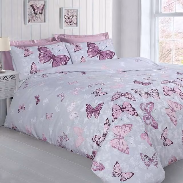 Velosso Reversible Floral Butterfly Duvet Cover and Pillowcase Set in Grey and Purple, 90 x 200 cm