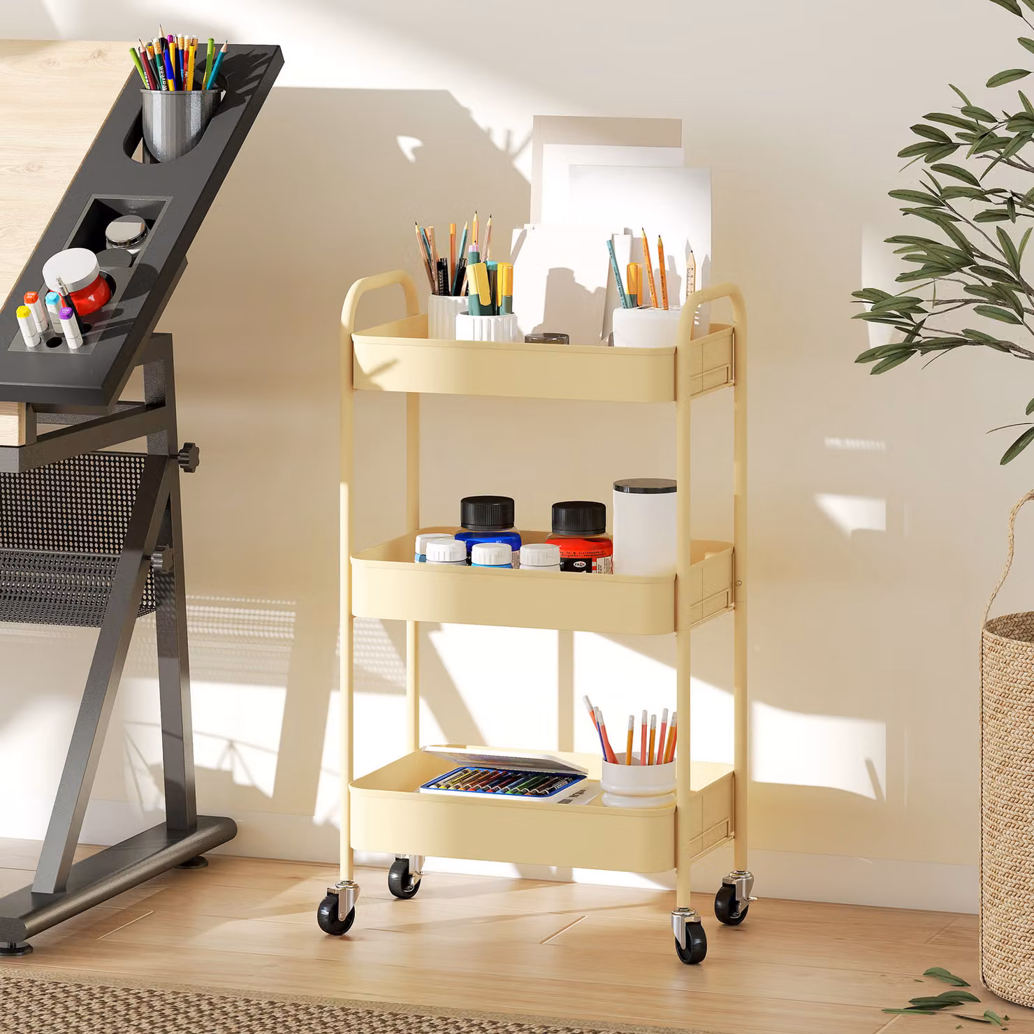 HOMCOM Three-Tier Metal Storage Trolley in Yellow – 4