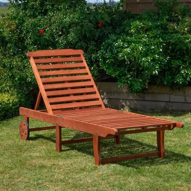 Samuel Alexander Rustic Brown Treated Hardwood Outdoor Sunlounger with Adjustable Headrest and Castors