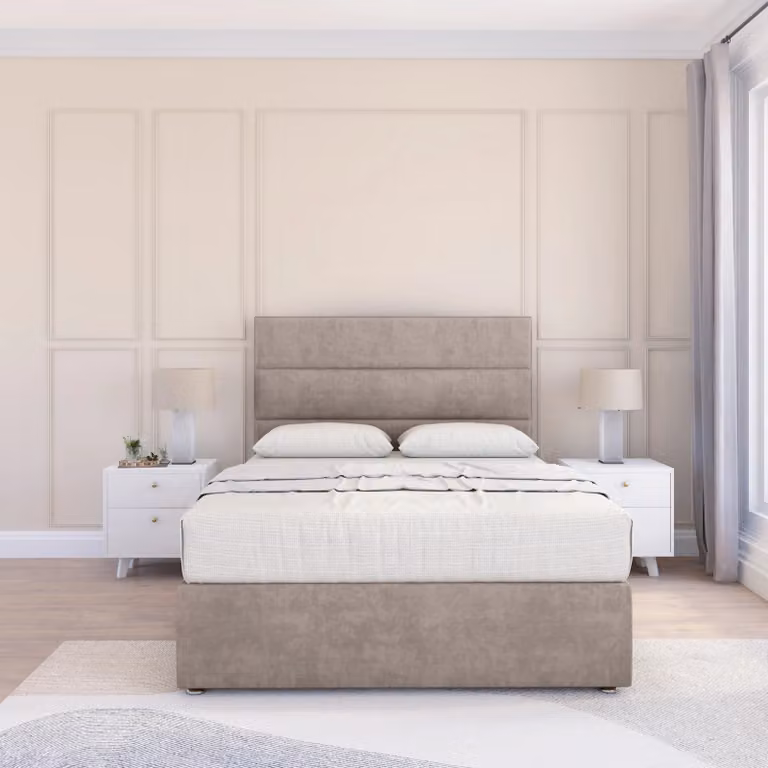 Sloomy Texas Small Single Divan Bed Base with 26 inch Struts Headboard in Stone Beige Fabric