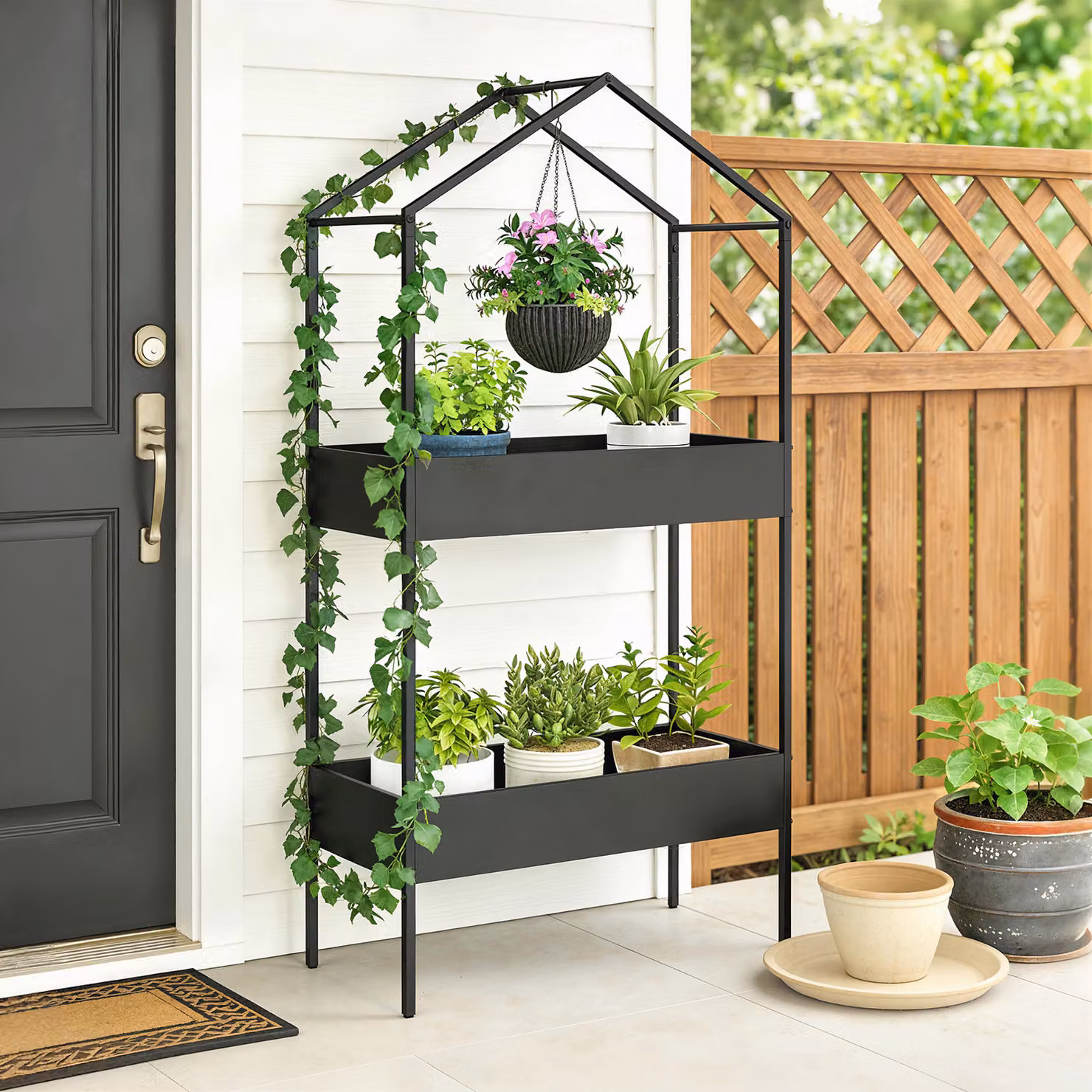 Outsunny 2 Tier Metal Plant Stand with Hook and House-Shaped Pots Holder, Black, W/D/H: 75 x 30 x 150 cm – 7