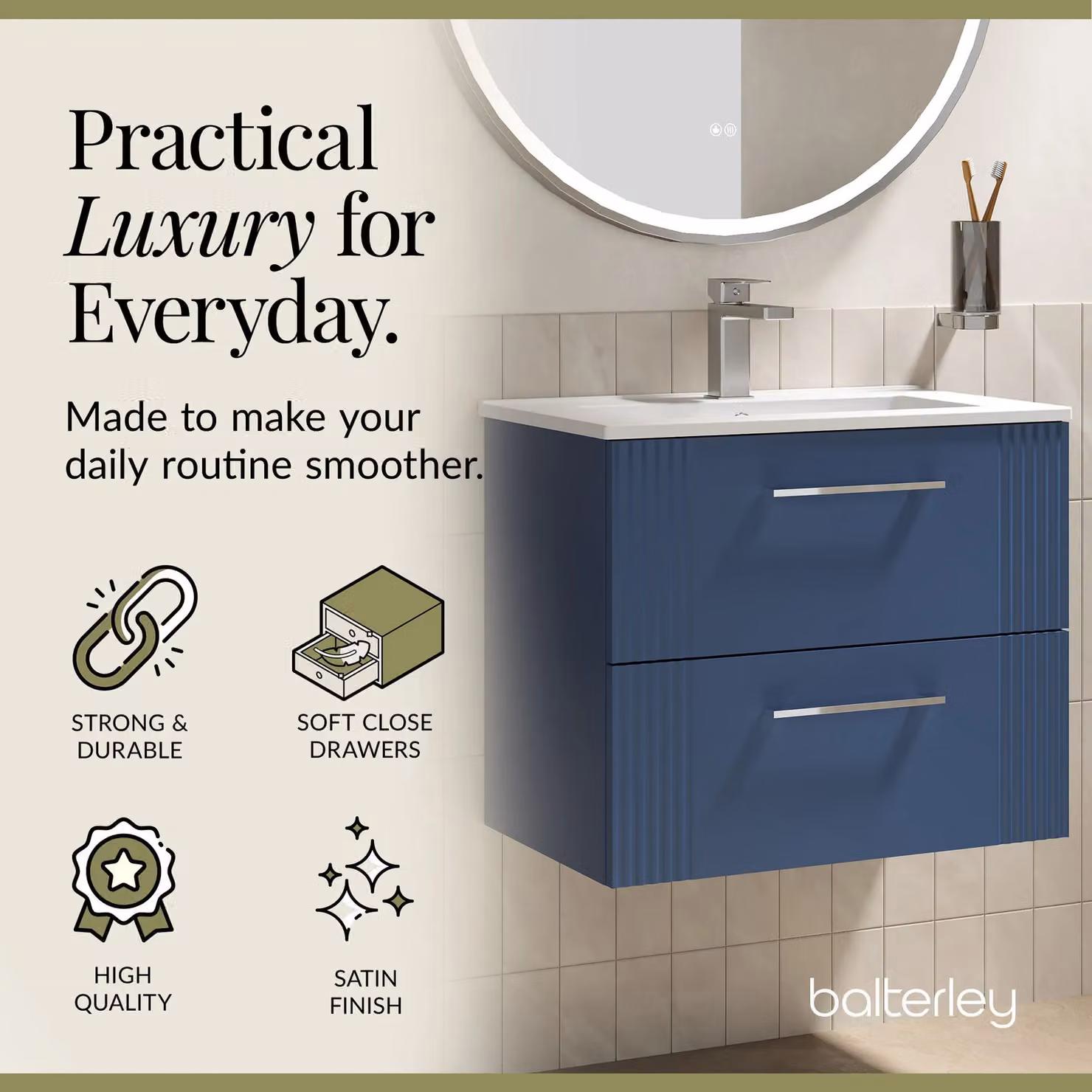 Balterley Wall Hung 2 Drawer Vanity Unit with Minimalist Basin, Satin Blue, Width: 60 cm – 3