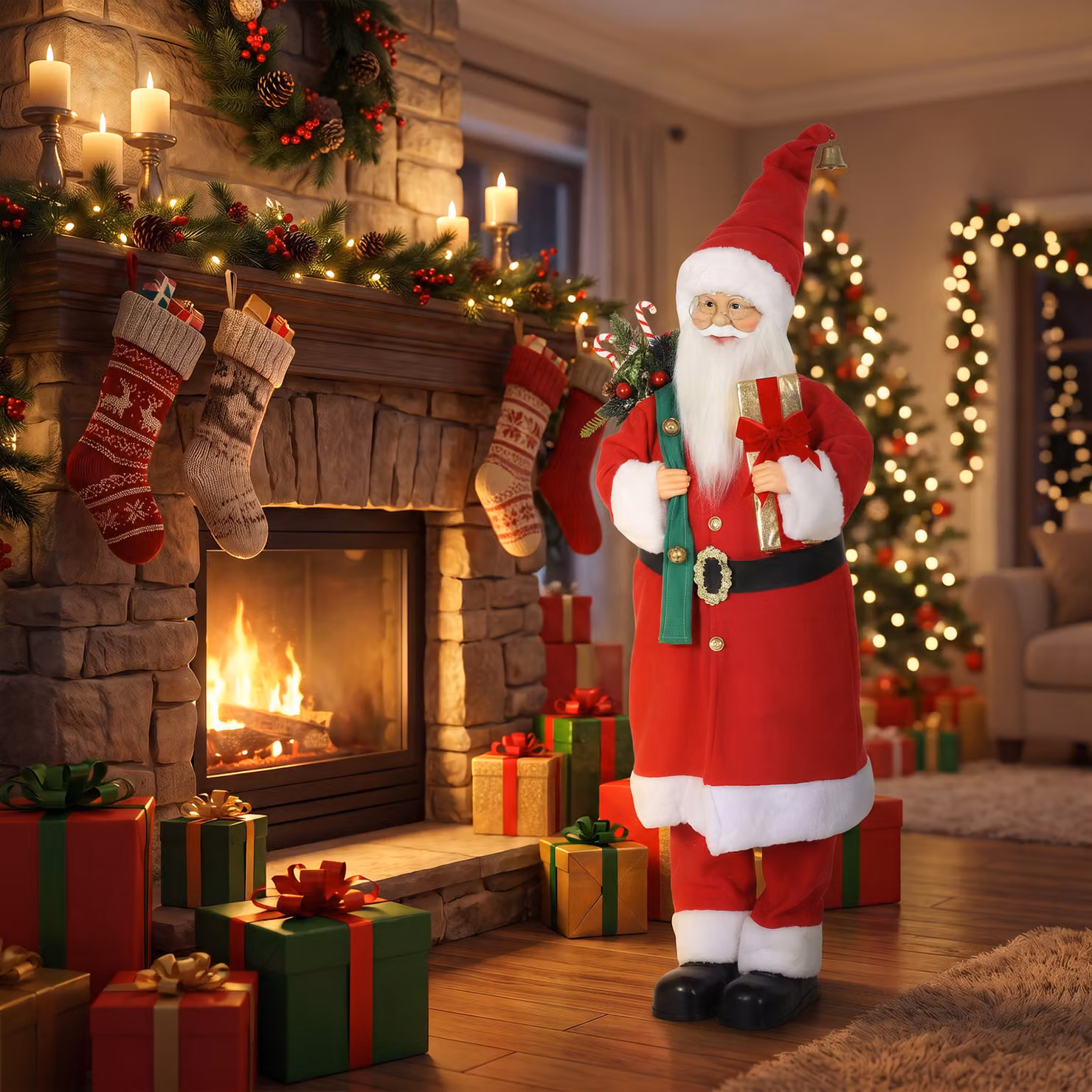 HOMCOM Singing and Dancing Animated Santa Claus Figure in Red and Gold with Gift and Sack, Sound and Touch Activated, Height: 121.92 cm – 8