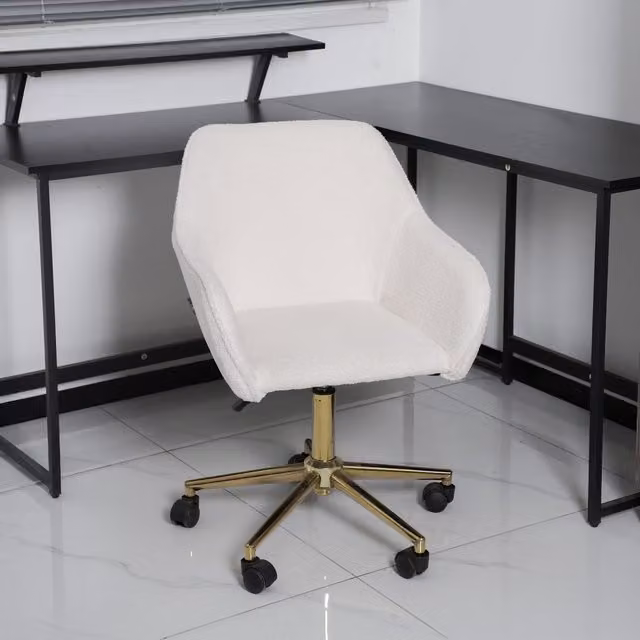 Abrihome Modern White Bouclé Swivel Task Chair with Gold Metal Legs