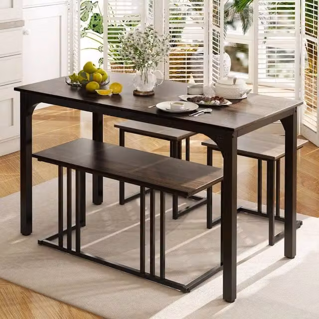 FORGEVIO Industrial Dining Set with Rectangular Wood Table, Bench and 2 Stools for 4 Persons in Grey and Black