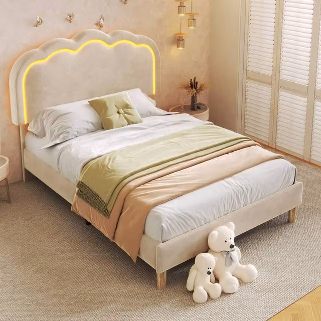 Matteo Beige Velvet Upholstered Single Bed Frame with Under-Bed LED Lighting – 1