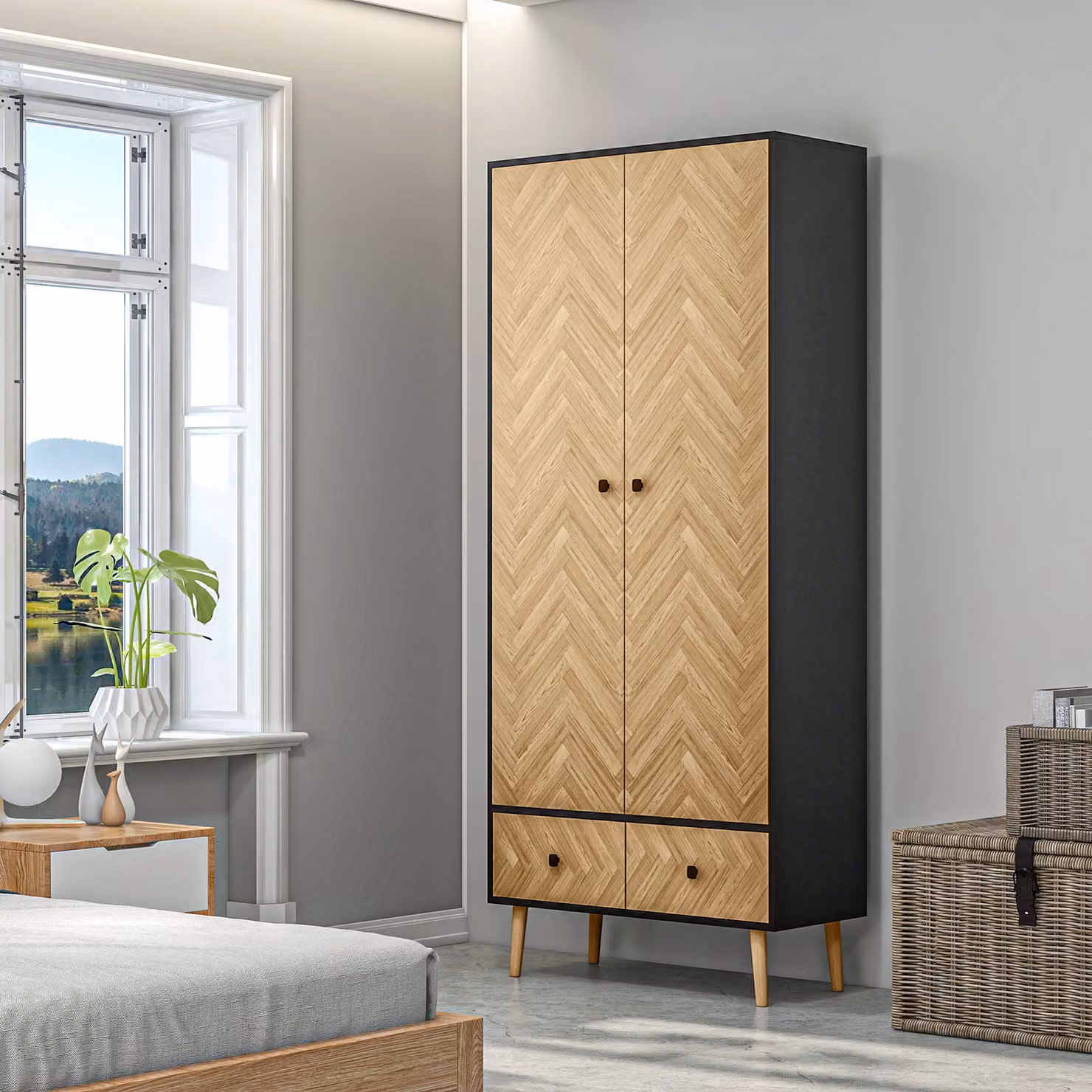 HOMCOM Essential Wardrobe Cabinet in Brown Wood with Hanging Rails, 2 Drawers and 4 Sections – 2