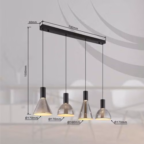 Globo Lighting Labora Bar Pendant Light in Black and Smoke Glass, 4x LED Warm White – 5