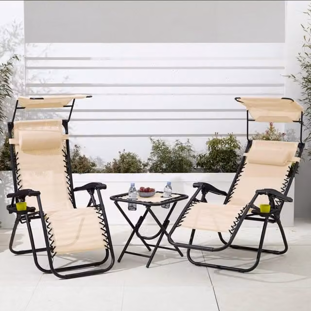 Neo Folding Zero Gravity Chairs and Table Set in Beige with Sun Canopy and Adjustable Headrests