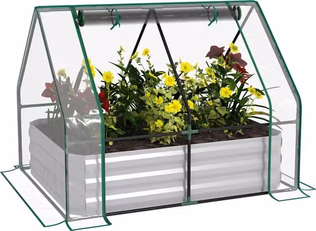 Outsunny Raised Garden Bed with Greenhouse, Steel Planter Box with Plastic Cover and Roll Up Window, W/D/H: 127 x 95 x 92 cm