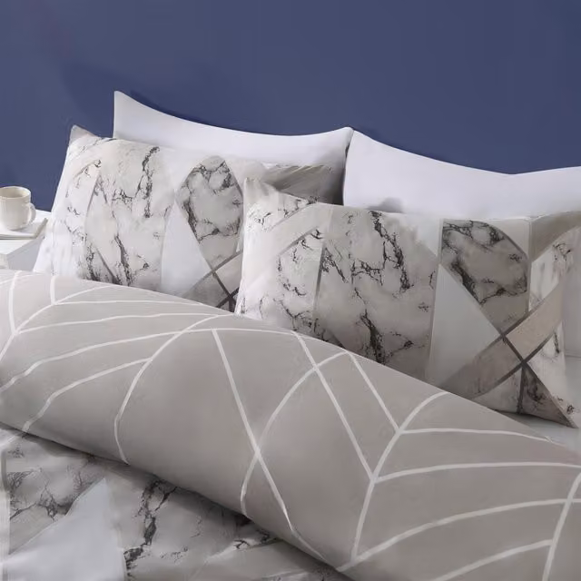 OHS Reversible Grey Marble Graphic Duvet Cover and Pillowcase Set, W/D/H: 180 x 200 cm