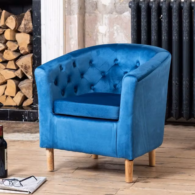 Artemis Home Clio Blue Velvet Tub Accent Chair with Armrests and Solid Wood Frame – 1