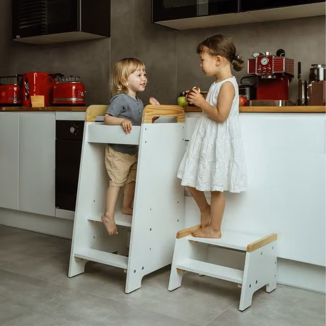 Love For Sleep Toddler Tower and Step Stool Set in White and Pine Wood