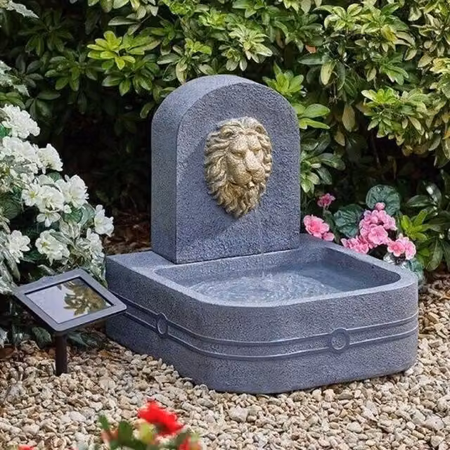 Garden Mile Solar Powered Lion Head Cascade Water Feature in Grey Stone Finish