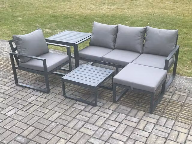 Fimous Aluminium Outdoor Garden Furniture Set in Dark Grey with 3-Seater Sofa, Armchairs, Coffee Table and Ottoman